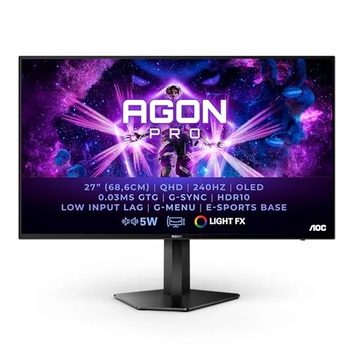 AOC ▫️ Agon PRO AG276QZD - Monitor QHD de 27 polegadas, 240 Hz, 0,03 ms GtG, FreeSync Premium, G-Sync Compatível, HDR10 2560 x 1440, HDMI, DisplayPort, hub USB, preto, 240 Hz, 27 polegadas QHD 2