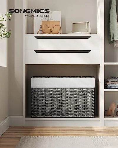 SONGMICS ▫️ Cesto para roupa suja, cesto de rattan sintético de 105 L com tampa e pegas, vime, dobrável, forros removíveis, para mantas, roupa, quarto, casa de banho, lavandaria, cinzento pomba RST066G01 2
