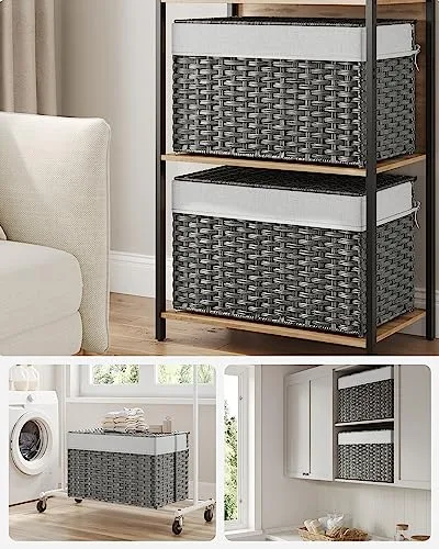 SONGMICS ▫️ Cesto para roupa suja, cesto de rattan sintético de 105 L com tampa e pegas, vime, dobrável, forros removíveis, para mantas, roupa, quarto, casa de banho, lavandaria, cinzento pomba RST066G01 3