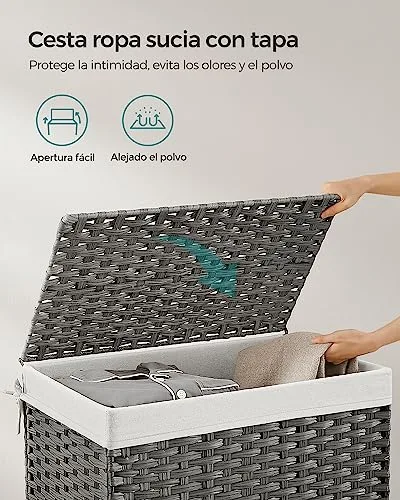 SONGMICS ▫️ Cesto para roupa suja, cesto de rattan sintético de 105 L com tampa e pegas, vime, dobrável, forros removíveis, para mantas, roupa, quarto, casa de banho, lavandaria, cinzento pomba RST066G01 4