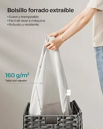 SONGMICS ▫️ Cesto para roupa suja, cesto de rattan sintético de 105 L com tampa e pegas, vime, dobrável, forros removíveis, para mantas, roupa, quarto, casa de banho, lavandaria, cinzento pomba RST066G01 5