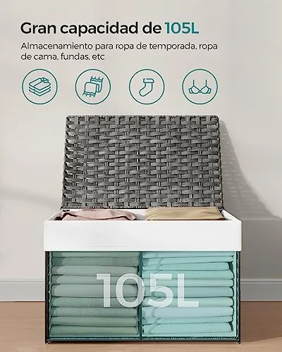 SONGMICS ▫️ Cesto para roupa suja, cesto de rattan sintético de 105 L com tampa e pegas, vime, dobrável, forros removíveis, para mantas, roupa, quarto, casa de banho, lavandaria, cinzento pomba RST066G01 6