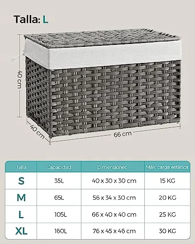 SONGMICS ▫️ Cesto para roupa suja, cesto de rattan sintético de 105 L com tampa e pegas, vime, dobrável, forros removíveis, para mantas, roupa, quarto, casa de banho, lavandaria, cinzento pomba RST066G01 7