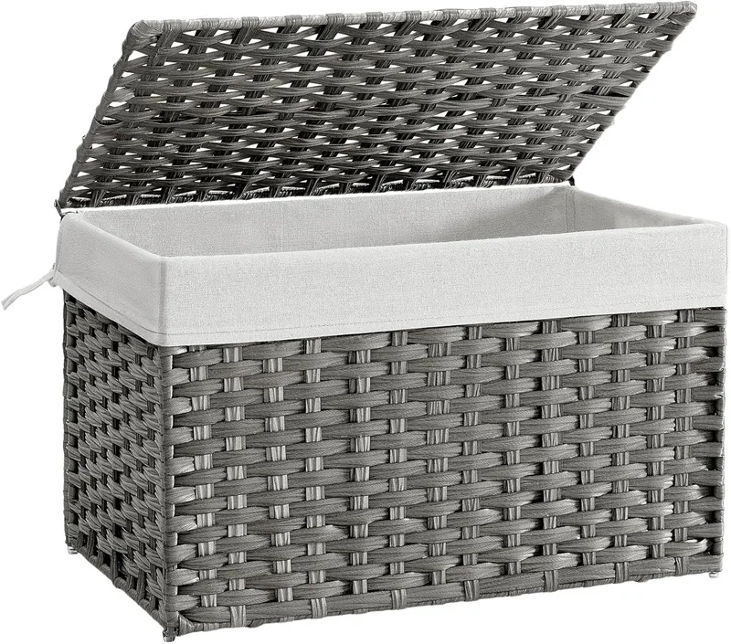 SONGMICS ▫️ Cesto para roupa suja, 105 L Cesto de vime sintético com tampa e pegas, vime, dobrável, forros amovíveis, para cobertores, roupa, quarto de dormir, casa de banho, roupa suja, cinzento pombinha RST066G01