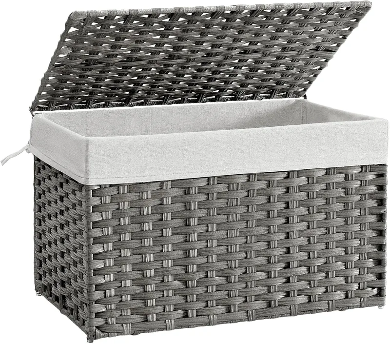 SONGMICS ▫️ Cesto para roupa suja, cesto de rattan sintético de 105 L com tampa e pegas, vime, dobrável, forros removíveis, para mantas, roupa, quarto, casa de banho, lavandaria, cinzento pomba RST066G01
