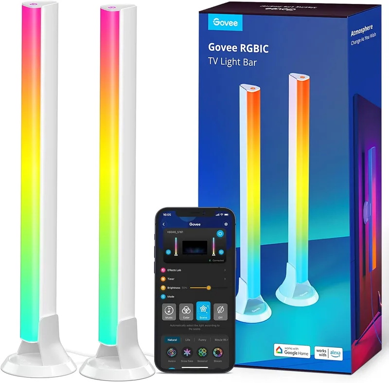Govee ▫️ Barras de luz RGBIC, 38 cm com pérolas duplas e Wi-Fi — com várias opções de montagem adequadas para televisores de 45 a 70 polegadas, compatíveis com a Alexa e o Google Assistant, cor branca