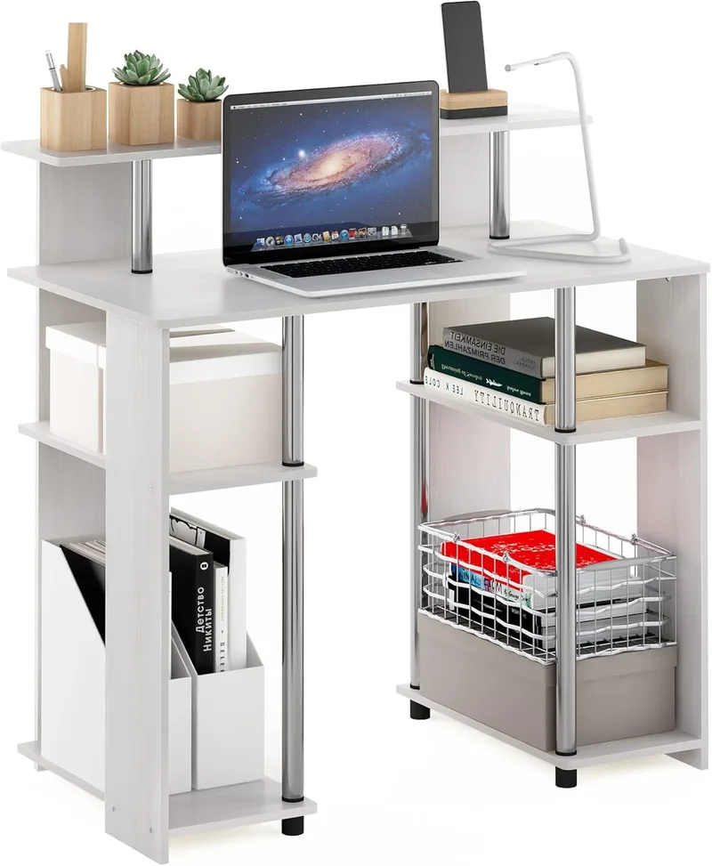Furinno ▫️ Jaya Secretária de computador, Madeira de construção, Branco Chêne/Aço inoxidável, 51,49 (P) x 90,50 (L) x 90,60 (A) cm
