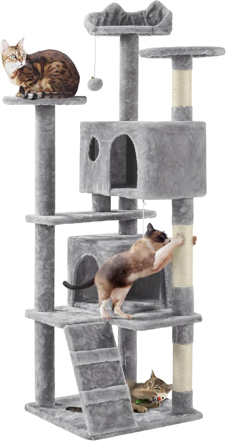 Yaheetech ▫️ Cat Scratching Tree 158 cm with Platform Climbing Tower for 1-3 Medium Cats with Balls 49x49x158 cm Dark Grey Light Grey