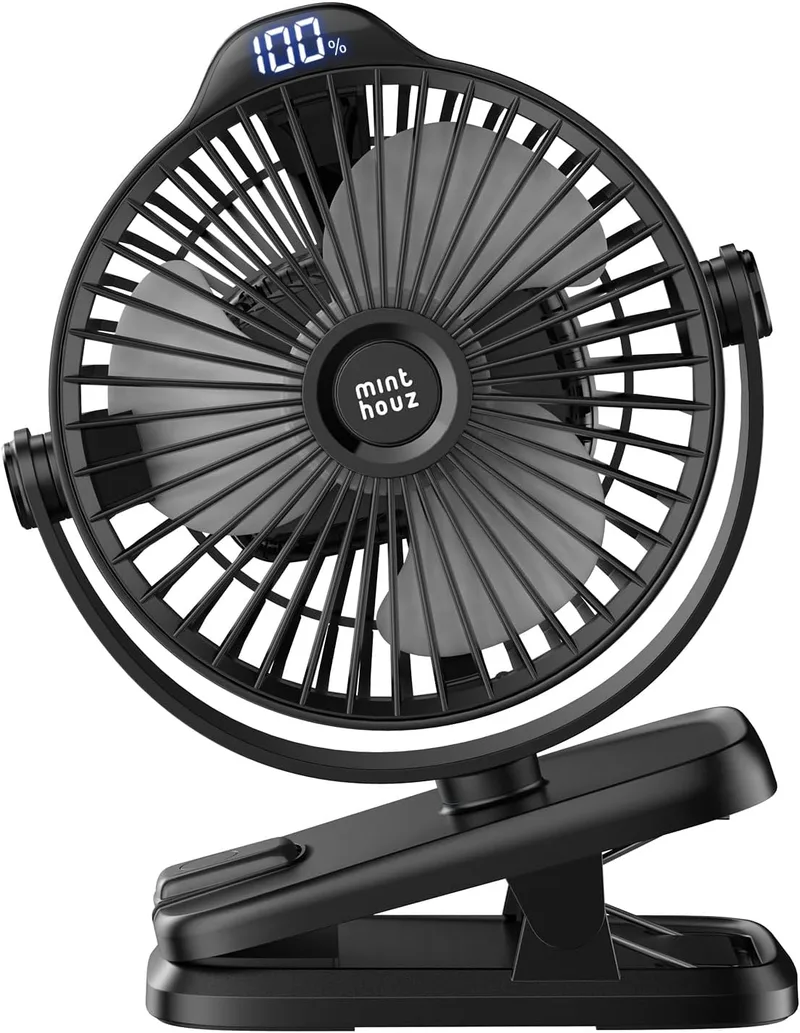 Minthouz ▫️ Ventilador Portátil com Clipe, Ventilador USB-C Recarregável de 8000 mAh, 5 Velocidades, Ventilador de Secretária Silencioso, Ideal para Acampamento, Casa, Escritório e Carrinho de Bebé (Preto)