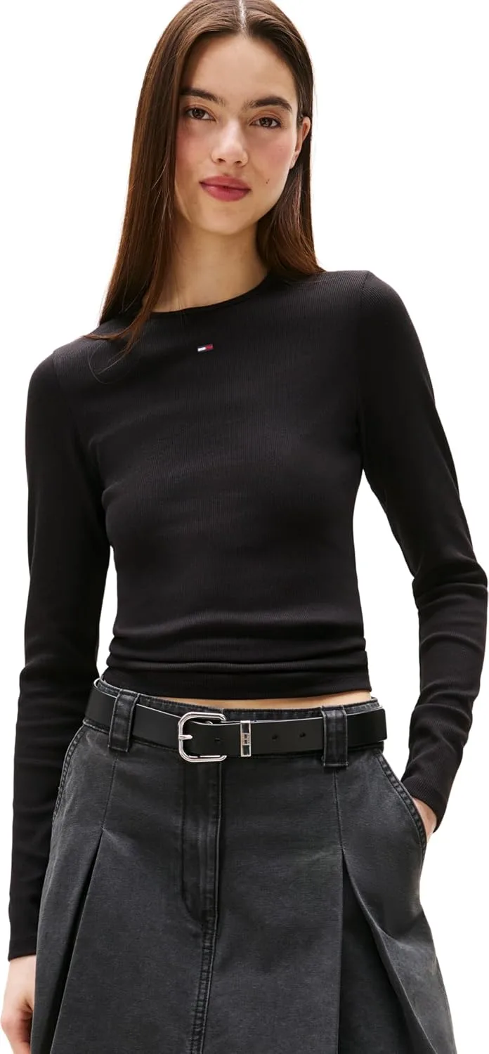 Tommy Jeans ▫️ Camiseta de manga comprida para mulher, corte justo, linha Essential, em algodão