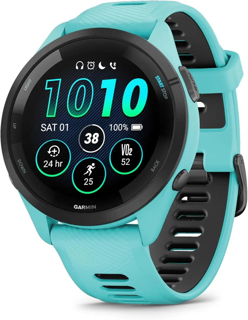Garmin Forerunner 265 Smart Running Watch com GPS, ecrã tátil AMOLED, métricas optimizadas, planos de treino, pagamento, música, autonomia de 13 dias, turquesa