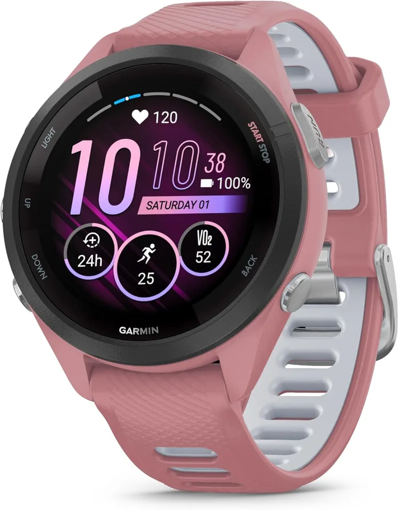 Relógio de corrida inteligente Garmin Forerunner 265S com GPS, ecrã tátil AMOLED, métricas optimizadas, planos de treino, pagamento, música, bateria com duração de 15 dias, cor-de-rosa