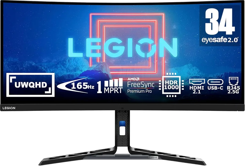 Lenovo ▫️ Legion Y34wz-30 - Monitor curvo de 34'' UWQHD com EyeSafe (VA, 165 Hz, 1 ms, HDMI + DP + USB-C, FreeSync Premium Pro, altifalantes) Ajuste de inclinação/altura/rotação - Preto