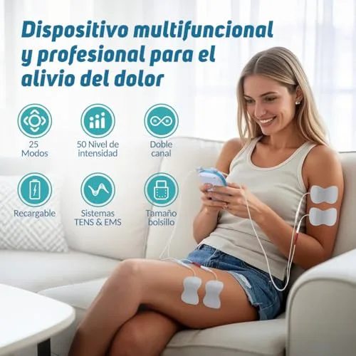 Auxoliev ▫️ Electroestimulador Muscular com Função de Massagem, Canais A/B TENS/EMS para Massagem Terapêutica, Microcorrente e Carregamento USB, 25 Modos de Massagem + 50 Níveis de Intensidade para Utilização a Longo Prazo (Azul e Branco) 2