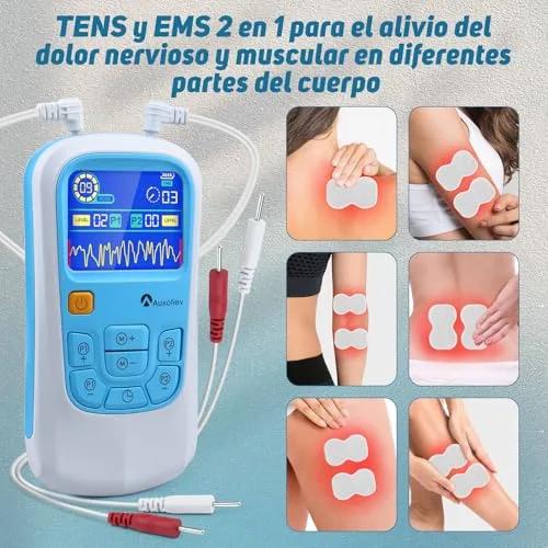 Auxoliev ▫️ Electroestimulador Muscular com Função de Massagem, Canais A/B TENS/EMS para Massagem Terapêutica, Microcorrente e Carregamento USB, 25 Modos de Massagem + 50 Níveis de Intensidade para Utilização a Longo Prazo (Azul e Branco) 5