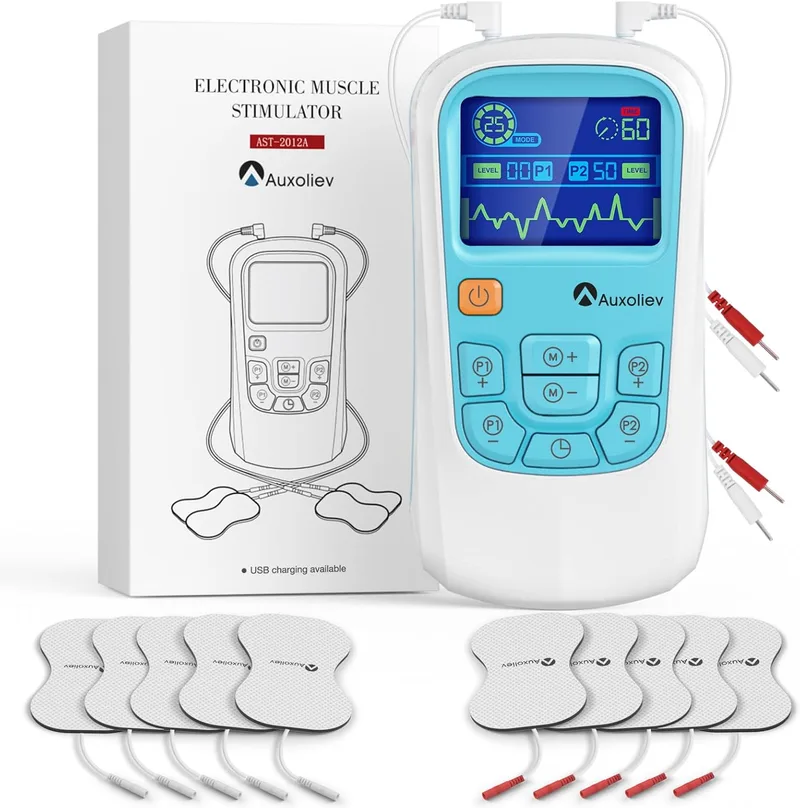 Auxoliev ▫️ Electroestimulador Muscular com Função de Massagem, Canais A/B TENS/EMS para Massagem Terapêutica, Microcorrente e Carregamento USB, 25 Modos de Massagem + 50 Níveis de Intensidade para Utilização a Longo Prazo (Azul e Branco)