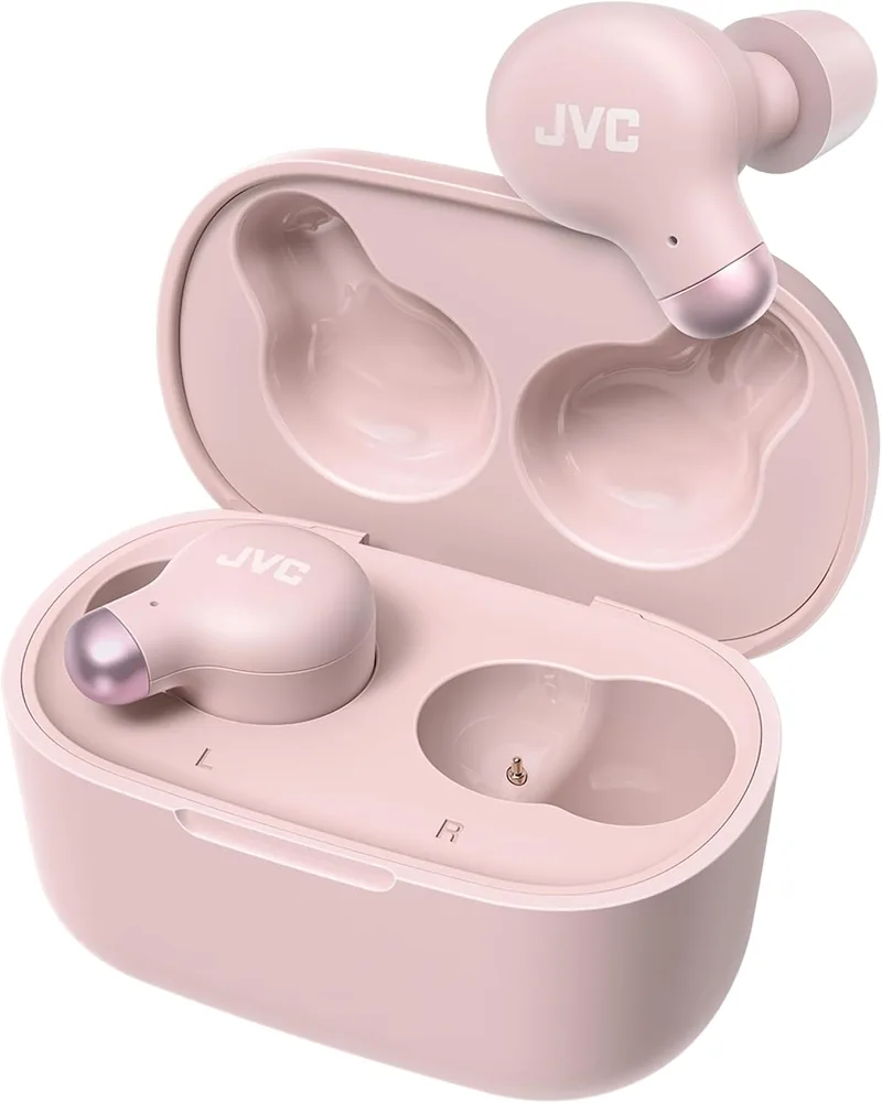 JVC ▫️ HA-Z250T - Auscultadores sem fios com Bluetooth 5.3, 28 horas de autonomia, certificação IPX4, apenas 5,1 g de peso, cancelamento de ruído, 3 pares de almofadas de silicone e 2 de espuma, cor-de-rosa