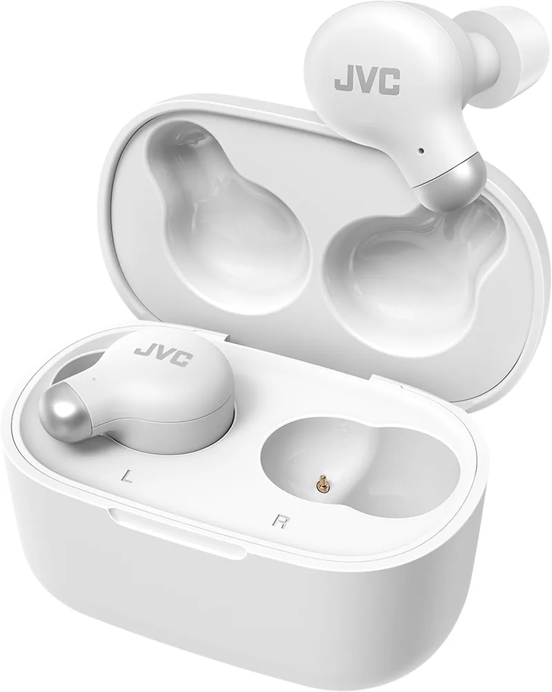 JVC ▫️ HA-Z250T - Auscultadores sem fios com Bluetooth 5.3, 28 horas de autonomia, certificação IPX4, apenas 5,1 g de peso, cancelamento de ruído, 3 pares de almofadas de silicone e 2 de espuma, branco