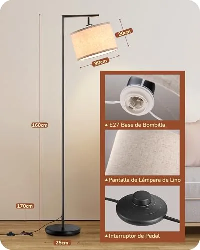 EDISHINE ▫️ Candeeiro de pé minimalista com abajur em linho bege, casquilho E27, compatível com várias lâmpadas, 160 cm Candeeiro em arco preto com abajur ajustável para quarto, sala de estar, escritório 4