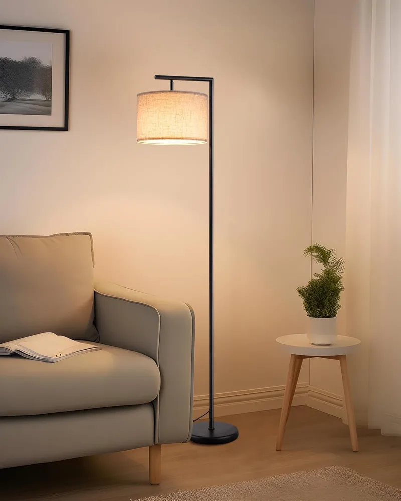 EDISHINE ▫️ Candeeiro de pé minimalista com abajur em linho bege, casquilho E27, compatível com várias lâmpadas, 160 cm Candeeiro em arco preto com abajur ajustável para quarto, sala de estar, escritório