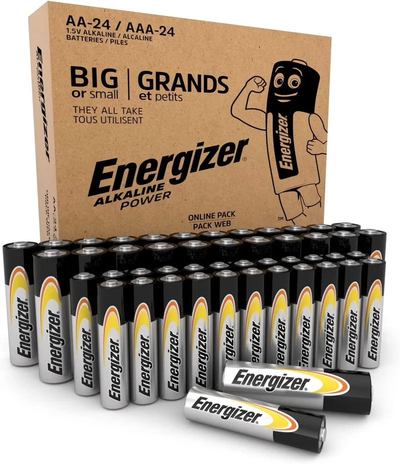 Energizer ▫️ Pilhas Alkaline Power AA + AAA (Embalagem de 48) - 24 unidades AA e 24 unidades AAA - Pilhas alcalinas de 1,5 V - Embalagem 100% reciclável e sem plástico - 7 anos de vida útil [Exclusivo na Amazon]