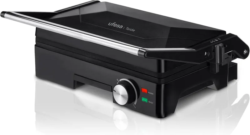 Ufesa ▫️ Grelhador Elétrico Teide, Grelhador para Panini, 1600 W, Placas Antiaderentes, Abertura de 180º, Regulador de Temperatura, Pega «Toque Frio», Preto