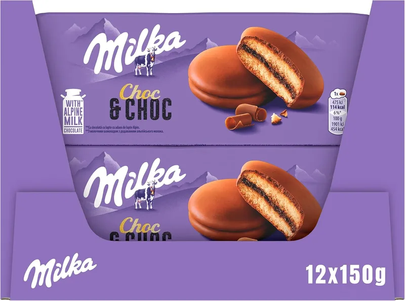 Milka ▫️ Choc & Choc Biscoitos Recheados de Cacau com Cobertura de Chocolate de Leite Alpino, 12 pacotes de 150g
