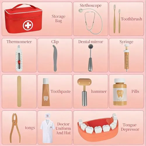 TGTT ▫️ Mala de médico de brincar, médica de brincar com estetoscópio real, mala de médico portátil, brinquedos de madeira adequados para brincadeiras de encenação, brinquedos para meninas e meninos a partir dos 3 anos 2