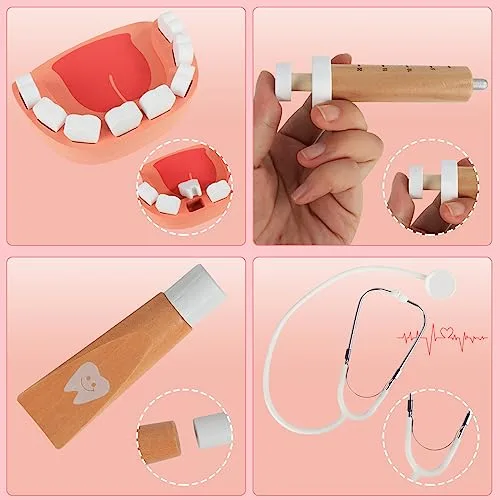 TGTT ▫️ Mala de médico de brincar, médica de brincar com estetoscópio real, mala de médico portátil, brinquedos de madeira adequados para brincadeiras de encenação, brinquedos para meninas e meninos a partir dos 3 anos 3