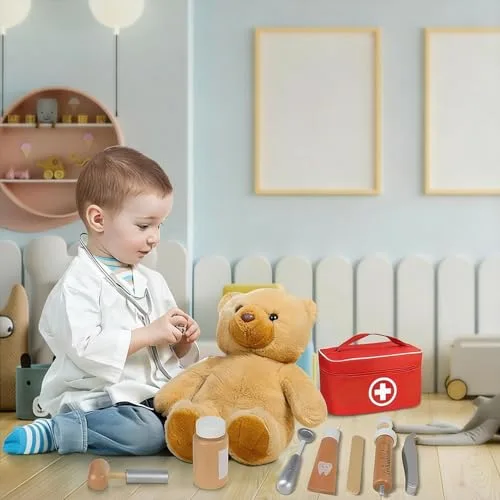 TGTT ▫️ Mala de médico de brincar, médica de brincar com estetoscópio real, mala de médico portátil, brinquedos de madeira adequados para brincadeiras de encenação, brinquedos para meninas e meninos a partir dos 3 anos 6
