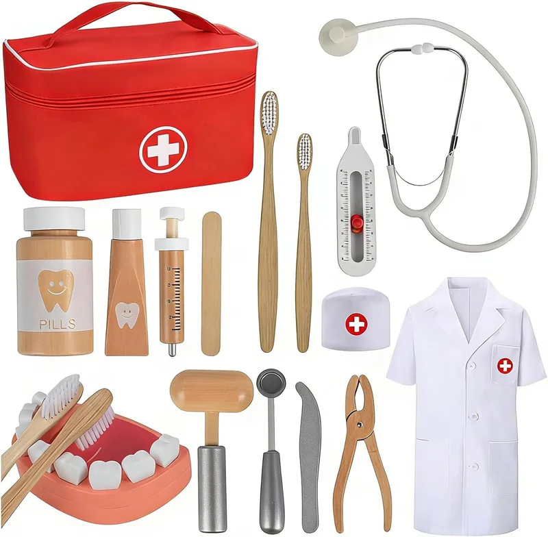 TGTT ▫️ Mala de médico de brincar, médica de brincar com estetoscópio real, mala de médico portátil, brinquedos de madeira adequados para jogos de faz-de-conta, brinquedos para meninas e meninos a partir dos 3 anos