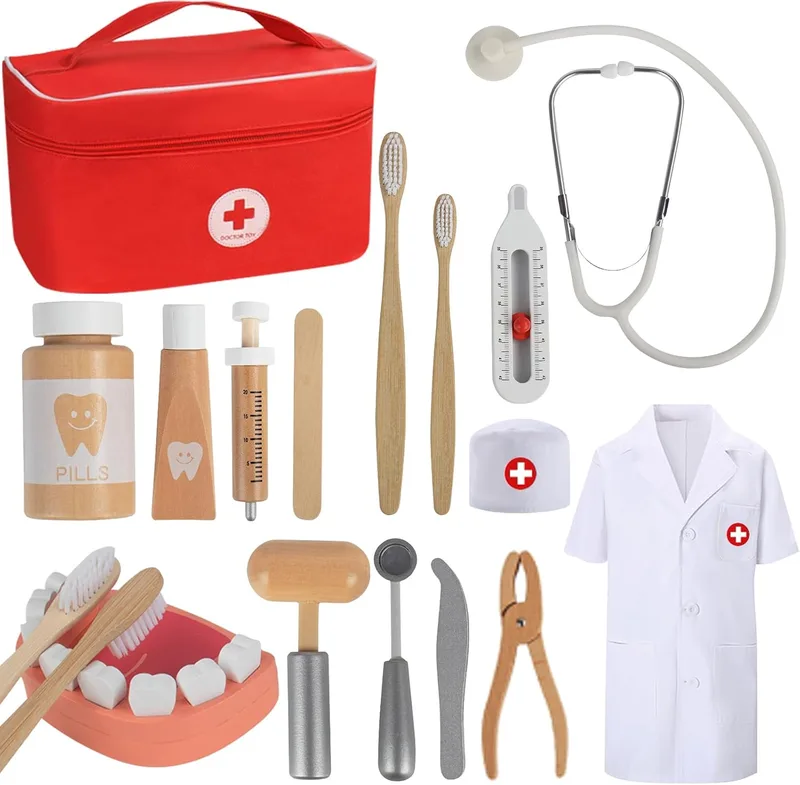 TGTT ▫️ Mala de médico de brincar, médica de brincar com estetoscópio real, mala de médico portátil, brinquedos de madeira adequados para brincadeiras de encenação, brinquedos para meninas e meninos a partir dos 3 anos