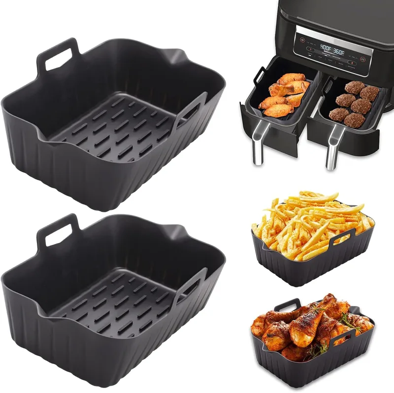 Alyvisun ▫️ Molde de Silicone para Fritadeira Sem Óleo, Conjunto de 2 Peças, Acessórios Reutilizáveis para Fritadeiras Sem Óleo, para Cozinha, Forno e Micro-ondas, Preto, 17,5 × 12 × 6 cm
