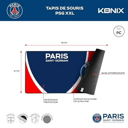Konix ▫️ PSG Tapete de rato para jogos XXL de 90 x 46 cm - Superfície em silicone 3D ultrafina - Base antiderrapante em borracha - Azul, branco e vermelho 3