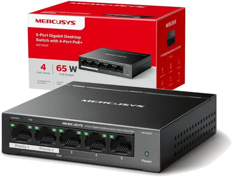 MERCUSYS ▫️ MS105GP - Switch Gigabit de 5 portas com 4 portas PoE+, Plug & Play, longo alcance até 250m, até 30W para cada porta