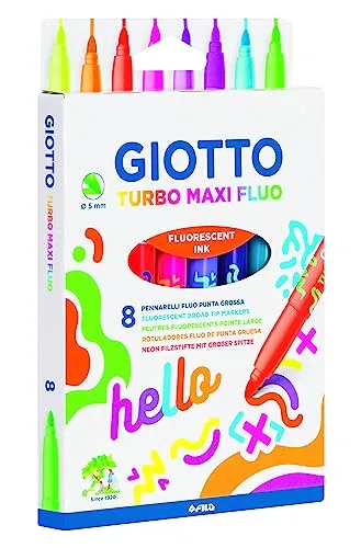 Giotto ▫️ Turbo Maxi, Marcadores com ponta de fibra e tinta fluorescente, ponta larga, ponta de 5 mm, cores fluorescentes variadas, 8 unidades 2