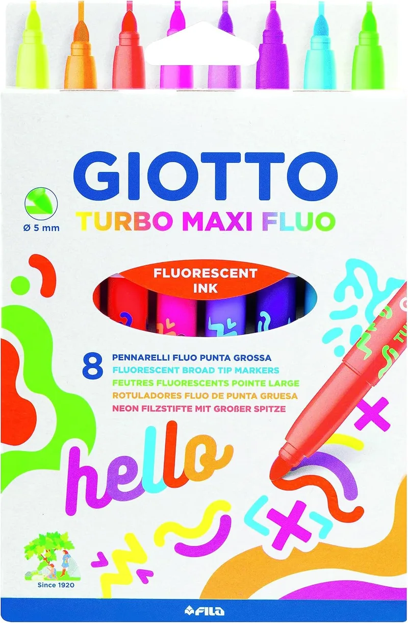 Giotto ▫️ Turbo Maxi, Marcadores com ponta de fibra e tinta fluorescente, ponta larga, ponta de 5 mm, cores fluorescentes variadas, 8 unidades