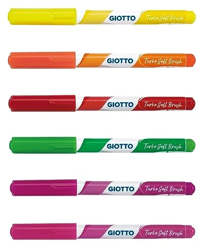 Giotto ▫️ Turbo Soft Brush, Marcadores com ponta de pincel, Ponta de pincel solúvel em água, Cores fluorescentes variadas, 6 unidades 2
