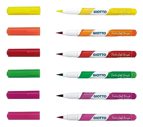 Giotto ▫️ Turbo Soft Brush, Marcadores com ponta de pincel, Ponta de pincel solúvel em água, Cores fluorescentes variadas, 6 unidades 3