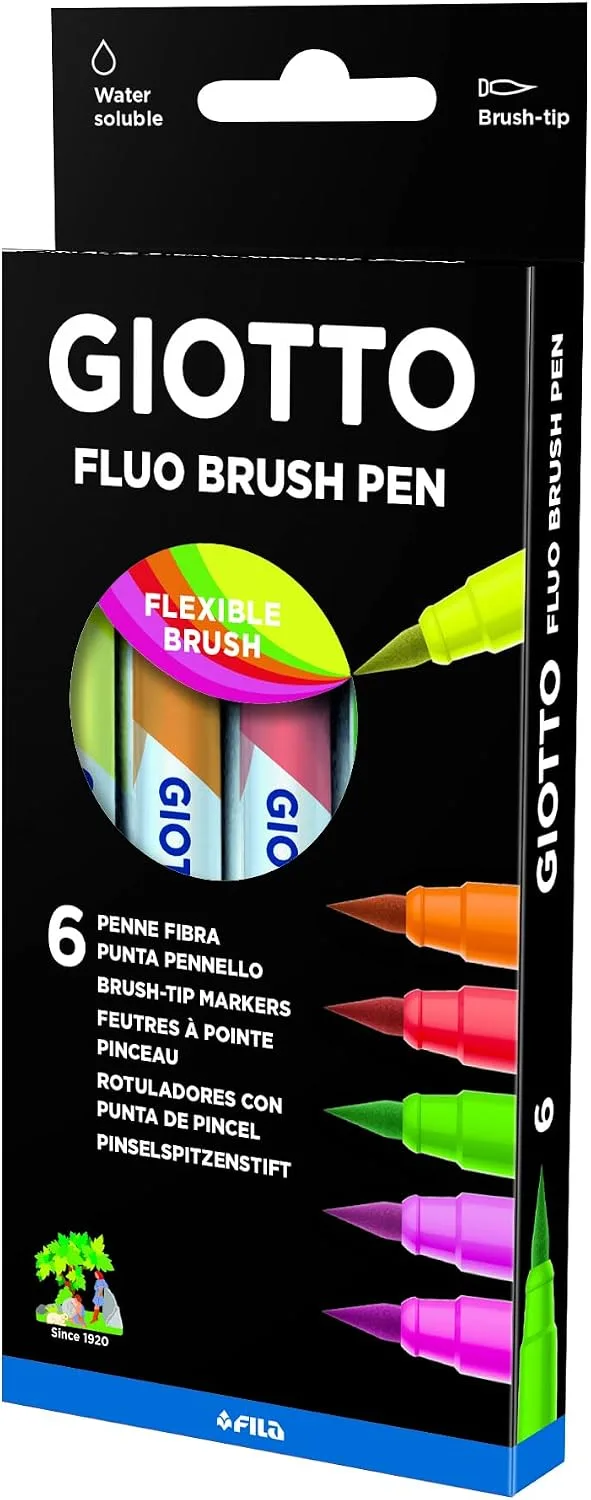 Giotto ▫️ Turbo Soft Brush, Marcadores com ponta de pincel, Ponta de pincel solúvel em água, Cores fluorescentes variadas, 6 unidades