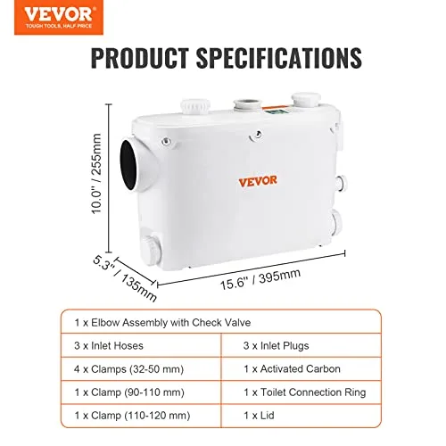 VEVOR ▫️ Bomba trituradora de 500 W para esgotos, com caudal máximo de 6600 L/h e altura manométrica de 8 m. Bomba trituradora para esgotos com 3 entradas de água para sanita, cozinha e duche 3
