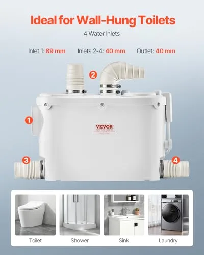VEVOR ▫️ Bomba trituradora de 500 W para esgotos, com caudal máximo de 6600 L/h e altura manométrica de 8 m. Bomba trituradora para esgotos com 3 entradas de água para sanita, cozinha e duche 5