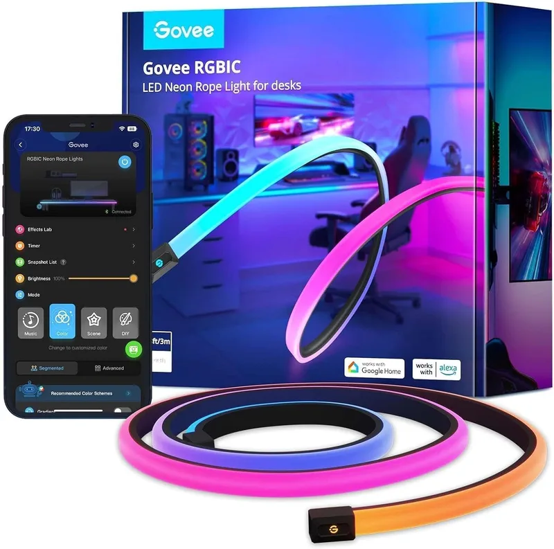 Govee ▫️ Fita LED Neon de 3 m para secretária de gaming, luzes LED RGBIC cortáveis, luz LED neon sincronizada com o Razer Chroma, controlo inteligente via aplicação, compatível com a Alexa, adaptador (apenas Wi-Fi 2,4 GHz)