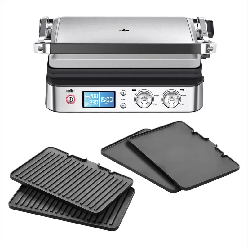 Braun ▫️ MultiGrill 9 CG 9043, Grelhador elétrico de cozinha com função de selagem, 3 posições de cozedura, controlo eletrónico com 2 termóstatos, grelha, placa de cozedura e placas laváveis na máquina de lavar louça, 2200 W