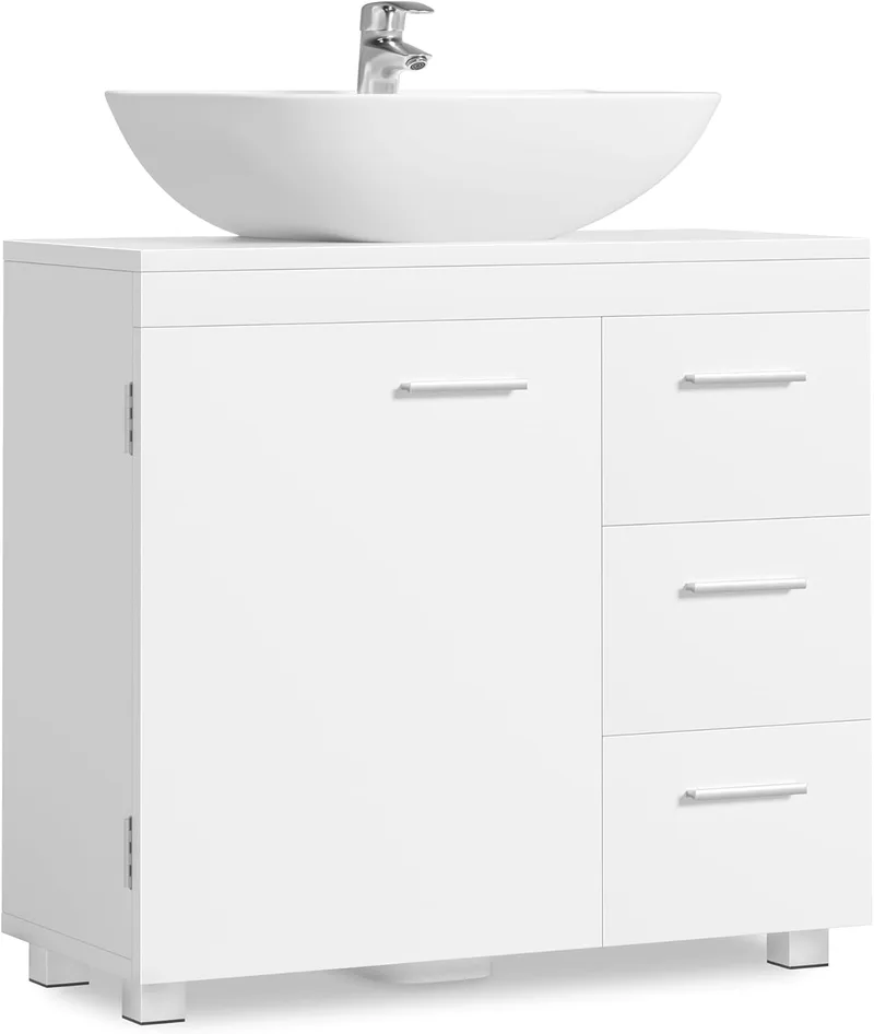 VASAGLE ▫️ Móvel de lavatório baixo, armário de casa de banho, 3 gavetas, 2 compartimentos atrás da porta, adequado para lavatórios com pedestal ou com pés, 30 x 70 x 64 cm, Branco Nube BBK504W01