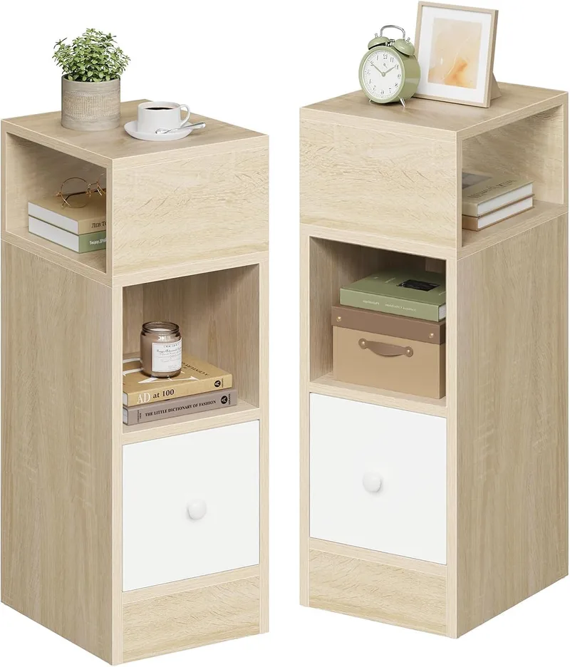 EUGAD ▫️ Conjunto de 2 Mesas de Cabeceira Estreitas em Carvalho Claro com 2 Compartimentos e 1 Gaveta, 25x30x66 cm, Mesas Auxiliares para Quartos Pequenos e Salas com Espaço Reduzido, Madeira Moderna, 0192ZZ-2