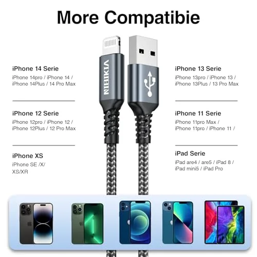 NIBIKIA ▫️ Cabo de carregamento para iPhone de 2 m, embalagem de 3 unidades, com certificação MFi, cabo para iPhone 7