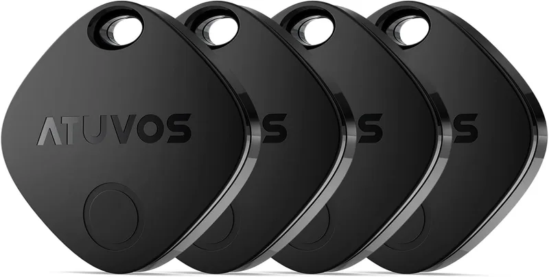 ATUVOS ▫️ Air Tag Smart Tracker, embalagem de 4 unidades, preto, localizador de objetos por Bluetooth compatível com a funcionalidade «Encontrar» da Apple (apenas iOS; não compatível com Android), localizador para chaves, malas e bagagem. Bateria substituível.