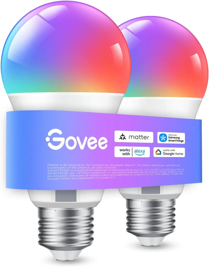 Govee ▫️ Lâmpada LED E27 Inteligente com Wi-Fi e Bluetooth, compatível com SmartThings, Matter, Alexa e Google Assistant, 800 LM, 16 milhões de cores RGBWW DIY, Lâmpada Inteligente, Conjunto de 2