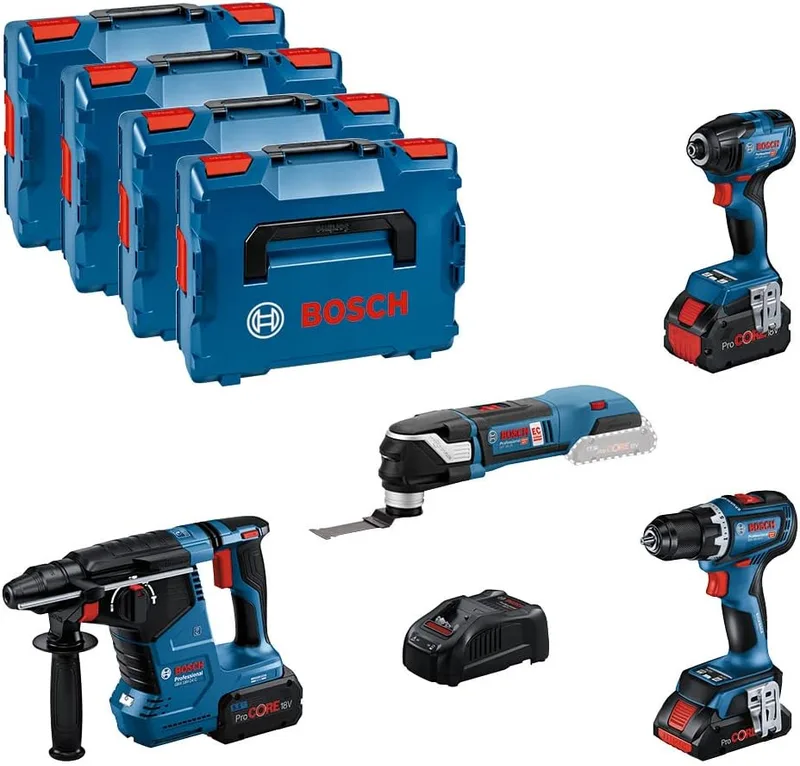Bosch Professional ▫️ 18V System GSR 18V-90 C + GDR 18V-210 C + GBH 18V-24 C + GOP 18V-28 - Conjunto de aparafusadora + aparafusadora de impacto + martelo + ferramenta multifunções (2 baterias ProCORE de 5,5 Ah, 1 bateria ProCORE de 4,0 Ah, L-BOXX)